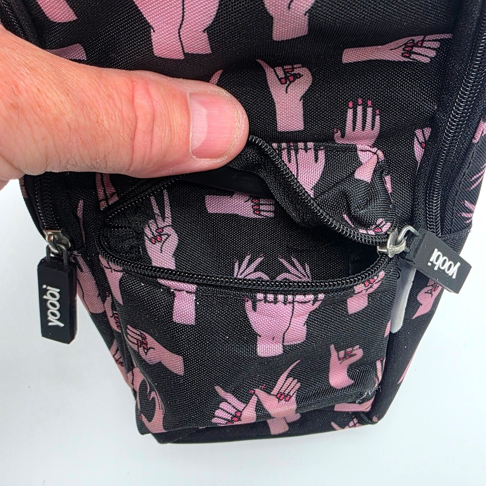Yoobi Mini Backpack Pencil Case Black Pink Hand Gesture Print School Supplies - Picture 4 of 7